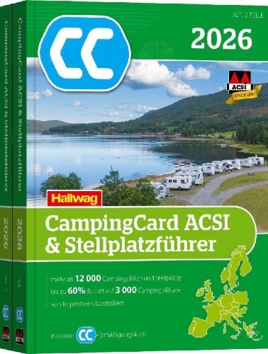 Buchcover und Innenansicht für das Buch: ACSI CampingCard & Stellplatzführer 2026
