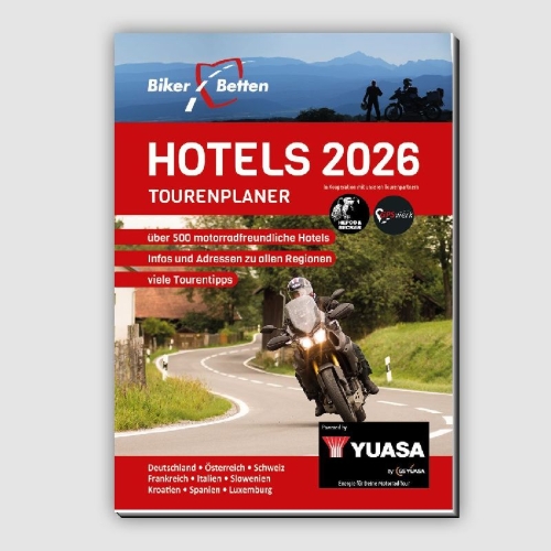 Buchcover und Innenansicht für das Buch: Bikerbetten Hotels 2024