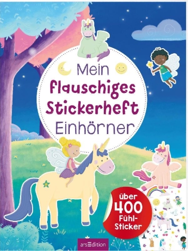 Buchcover und Innenansicht für das Buch: Mein flauschiges Stickerheft - Einhörner