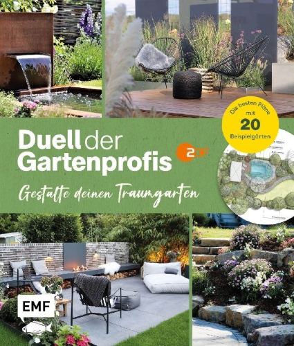 Buchcover und Innenansicht für das Buch: Duell der Gartenprofis - Gestalte deinen Traumgarten - Das Buch zur Gartensendung im ZDF