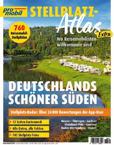 Buchcover und Innenansicht für das Buch: promobil Stellplatz-Atlas 01/2026 Deutschlands schöner Süden