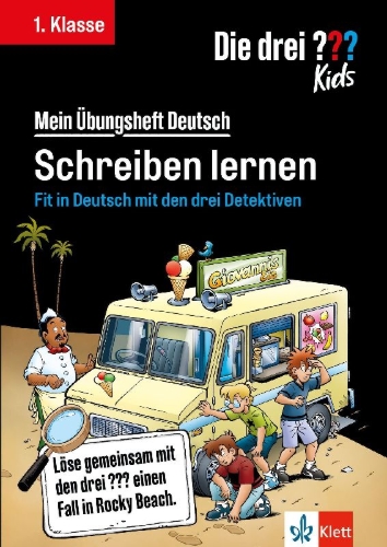 Buchcover und Innenansicht für das Buch: Die drei ??? Kids: Mein Übungsheft Deutsch 1. Klasse - Schreiben lernen