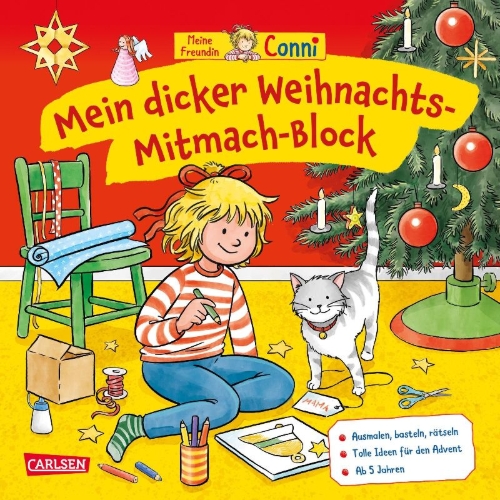 Buchcover und Innenansicht für das Buch: Conni Gelbe Reihe (Beschäftigungsbuch): Mein dicker Weihnachts-Mitmach-Block