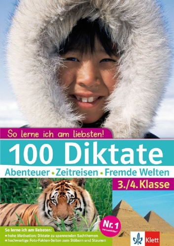 Buchcover und Innenansicht für das Buch: 100 Diktate Abenteuer - Zeitreisen - Fremde Welten. 3./4. Klasse