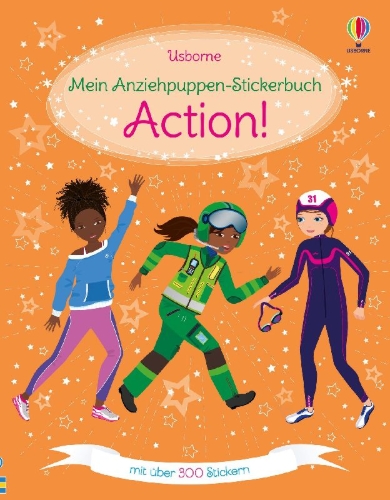 Buchcover und Innenansicht für das Buch: Mein Anziehpuppen-Stickerbuch: Action!