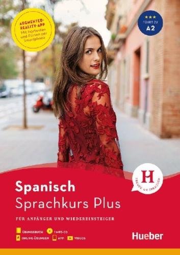 Buchcover und Innenansicht für das Buch: Hueber Sprachkurs Plus Spanisch / Buch mit MP3-CD, Online-Übungen, App und Videos