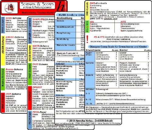 Buchcover und Innenansicht für das Buch: Schemata & Scores in Klinik & Rettungsdienst (2 Karten Set) - SSSS-Schema, ABCDE-Schema, Basics-Schema, IPAP-Schema, SAMPLER(!)S, WASB, FAST, OPQRST, PECH-Regel, DMS, 4Hs, HITS, GCS, KUSS, APGAR