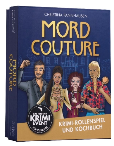 Buchcover und Innenansicht für das Buch: Mord Couture. Krimi-Rollenspiel und Kochbuch. Das perfekte Krimi-Event für Zuhause. Für 6 Spieler ab 12 Jahren