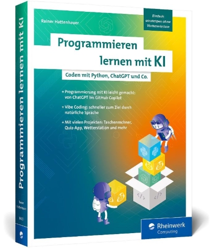 Buchcover und Innenansicht für das Buch: Programmieren lernen mit KI