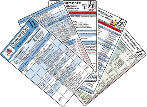Buchcover und Innenansicht für das Buch: Medikamenten Karten-Set - Notfallmedikamente, Analgesie & Sedierung, Inkompatibilitäten intravenöser Medikamente