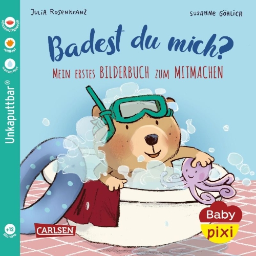 Buchcover und Innenansicht für das Buch: Baby Pixi (unkaputtbar) 85: Mein erstes Bilderbuch zum Mitmachen: Badest du mich?