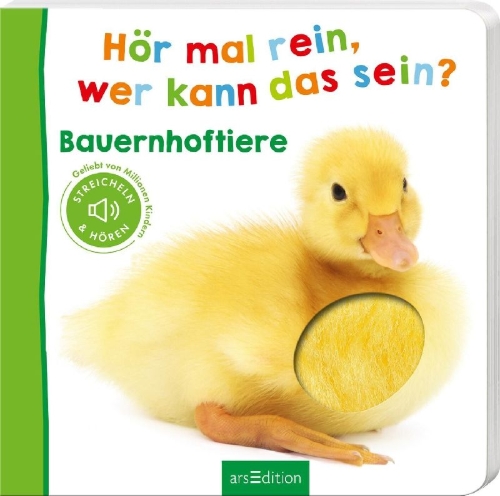 Buchcover und Innenansicht für das Buch: Hör mal rein, wer kann das sein? Bauernhoftiere