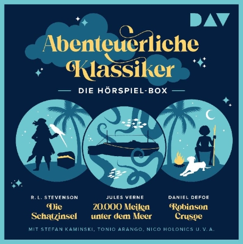 Buchcover und Innenansicht für das Buch: Abenteuerliche Klassiker - Die Hörspiel-Box. Die Schatzinsel, 20.000 Meilen unter dem Meer, Robinson Crusoe