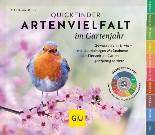 Buchcover und Innenansicht für das Buch: Quickfinder Artenvielfalt im Gartenjahr