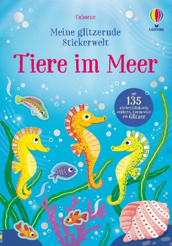 Buchcover und Innenansicht für das Buch: Meine glitzernde Stickerwelt: Tiere im Meer