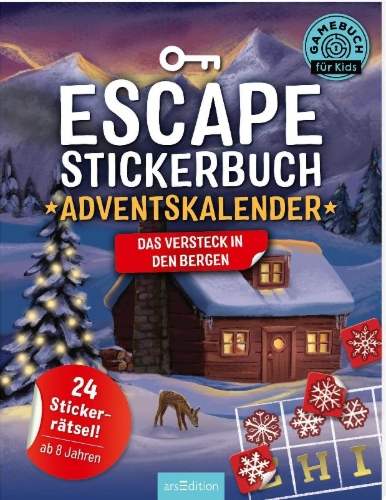 Buchcover und Innenansicht für das Buch: Escape-Stickerbuch - Adventskalender - Das Versteck in den Bergen
