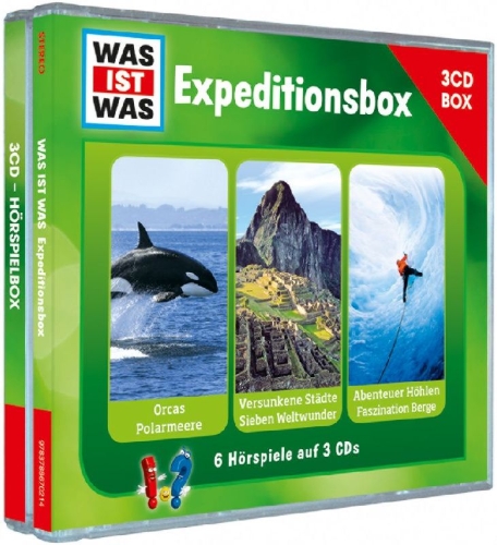 Buchcover und Innenansicht für das Buch: WAS IST WAS 3-CD-Hörspielbox "Expedition"