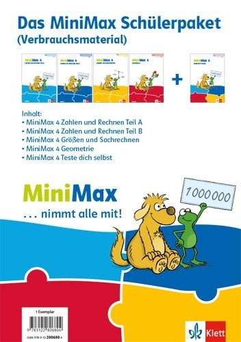Buchcover und Innenansicht für das Buch: MiniMax 4. Paket für Lernende (5 Hefte: Zahlen und Rechnen A, Zahlen und Rechnen B, Größen und Sachrechnen, Geometrie, Teste-dich-selbst) - Verbrauchsmaterial Klasse 4
