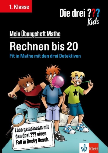 Buchcover und Innenansicht für das Buch: Die drei ??? Kids: Mein Übungsheft Mathe 1. Klasse - Rechnen bis 20