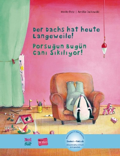 Buchcover und Innenansicht für das Buch: Der Dachs hat heute Langeweile!. Deutsch-Türkisch