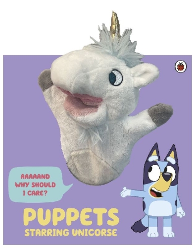 Buchcover und Innenansicht für das Buch: Bluey: Puppets: Starring Unicorse