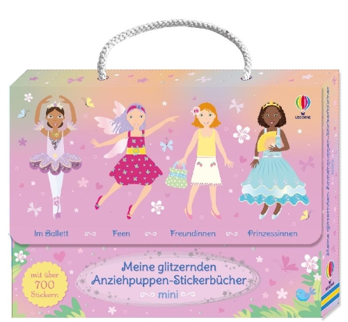 Buchcover und Innenansicht für das Buch: Meine glitzernden Anziehpuppen-Stickerbücher mini: Im Ballett, Feen, Freundinnen und Prinzessinnen