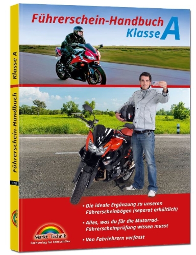 Buchcover und Innenansicht für das Buch: Führerschein Handbuch Klasse A, A1, A2 - Motorrad - top aktuell