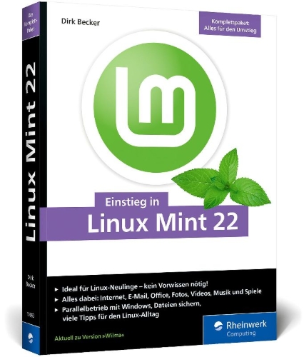 Buchcover und Innenansicht für das Buch: Einstieg in Linux Mint 22