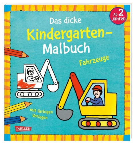 Buchcover und Innenansicht für das Buch: Ausmalbilder für Kita-Kinder: Das dicke Kindergarten-Malbuch: Fahrzeuge