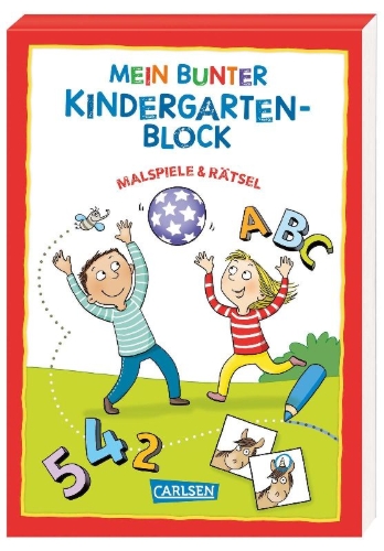 Buchcover und Innenansicht für das Buch: Mein bunter Kindergarten-Block: Malspiele und Rätsel
