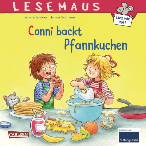 Buchcover und Innenansicht für das Buch: LESEMAUS 123: Conni backt Pfannkuchen