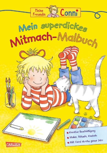 Buchcover und Innenansicht für das Buch: Conni Gelbe Reihe: Mein superdickes Mitmach-Malbuch