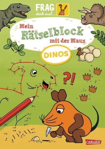 Buchcover und Innenansicht für das Buch: Frag doch mal ... die Maus: Mein Rätselblock mit der Maus - Dinos