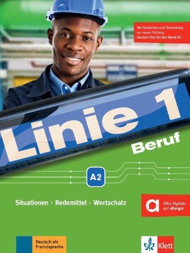 Buchcover und Innenansicht für das Buch: Linie 1 Beruf A2. Kurs- und Übungsbuch mit Audios