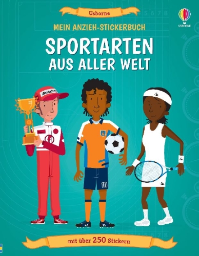 Buchcover und Innenansicht für das Buch: Mein Anzieh-Stickerbuch: Sportarten aus aller Welt