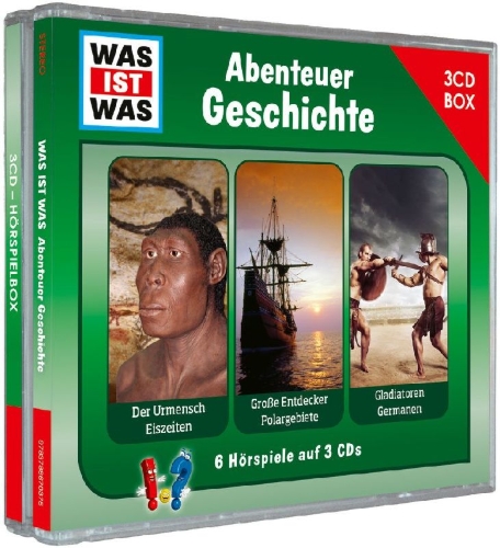 Buchcover und Innenansicht für das Buch: WAS IST WAS 3-CD Hörspielbox. Abenteuer Geschichte