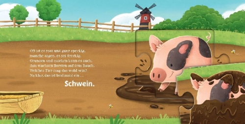 Buchcover und Innenansicht für das Buch: Nanu, welches Tier versteckt sich hier? Ein Bauernhof-Puzzle-Buch