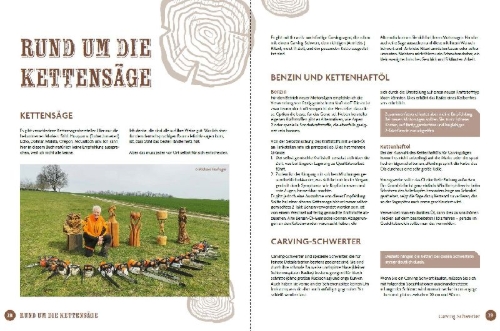 Buchcover und Innenansicht für das Buch: Schnitzen mit der Kettensäge - ganz leicht