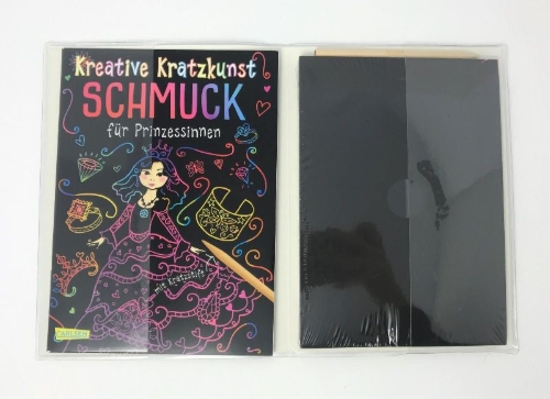 Buchcover und Innenansicht für das Buch: Kreative Kratzkunst: Schmuck für Prinzessinnen: Set mit 10 Kratzbildern, Anleitungsbuch und Holzstift