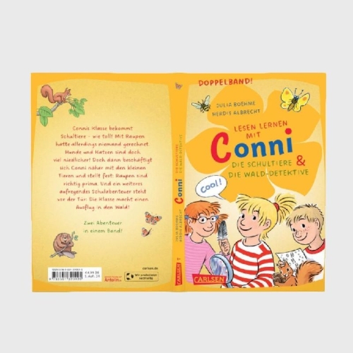 Buchcover und Innenansicht für das Buch: Lesen lernen mit Conni: Doppelband. Enthält die Bände: Conni und die Schultiere / Conni und die Wald-Detektive