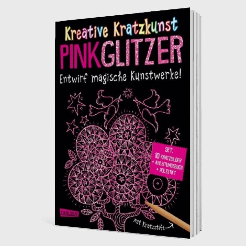 Buchcover und Innenansicht für das Buch: Kreative Kratzkunst: Pink Glitzer: Set mit 10 Kratzbildern, Anleitungsbuch und Holzstift