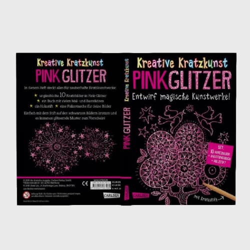 Buchcover und Innenansicht für das Buch: Kreative Kratzkunst: Pink Glitzer: Set mit 10 Kratzbildern, Anleitungsbuch und Holzstift