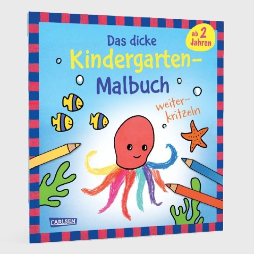 Buchcover und Innenansicht für das Buch: Ausmalbilder für Kita-Kinder: Das dicke Kindergarten-Malbuch: Weiterkritzeln