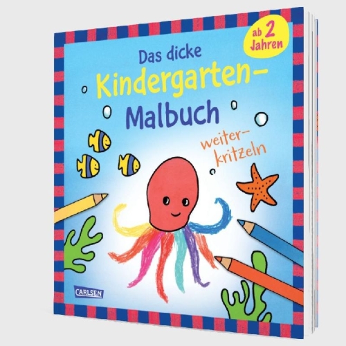 Buchcover und Innenansicht für das Buch: Ausmalbilder für Kita-Kinder: Das dicke Kindergarten-Malbuch: Weiterkritzeln