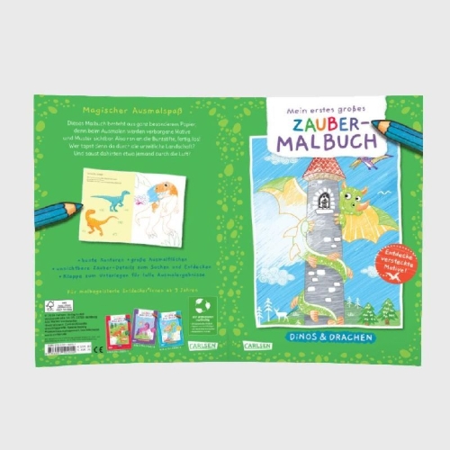 Buchcover und Innenansicht für das Buch: Ausmalbilder für Kita-Kinder: Mein erstes großes Zauber-Malbuch: Dinos & Drachen