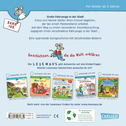 Buchcover und Innenansicht für das Buch: LESEMAUS 188: Große Fahrzeuge in der Stadt