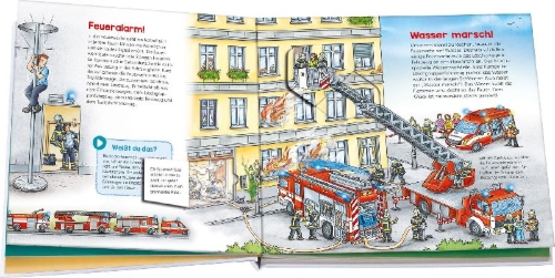 Buchcover und Innenansicht für das Buch: BOOKii® WAS IST WAS Kindergarten Komm mit zur Feuerwehr!