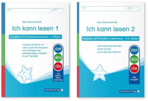 Buchcover und Innenansicht für das Buch: Ich kann lesen 1 und 2 - Ausgabe mit Artikelkennzeichnung für die 1. und 2. Klasse
