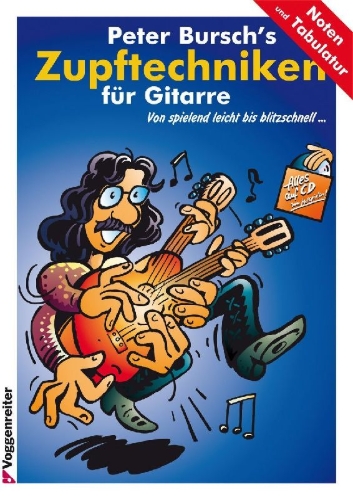 Buchcover und Innenansicht für das Buch: Peter Bursch's Zupftechniken für Gitarre