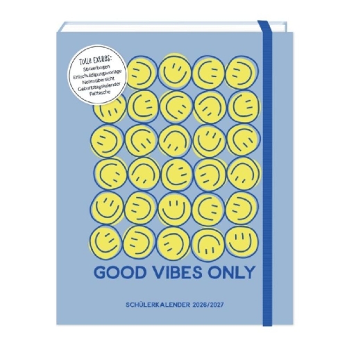 Buchcover und Innenansicht für das Buch: Schülerkalender 2026 / 2027 Good Vibes Only